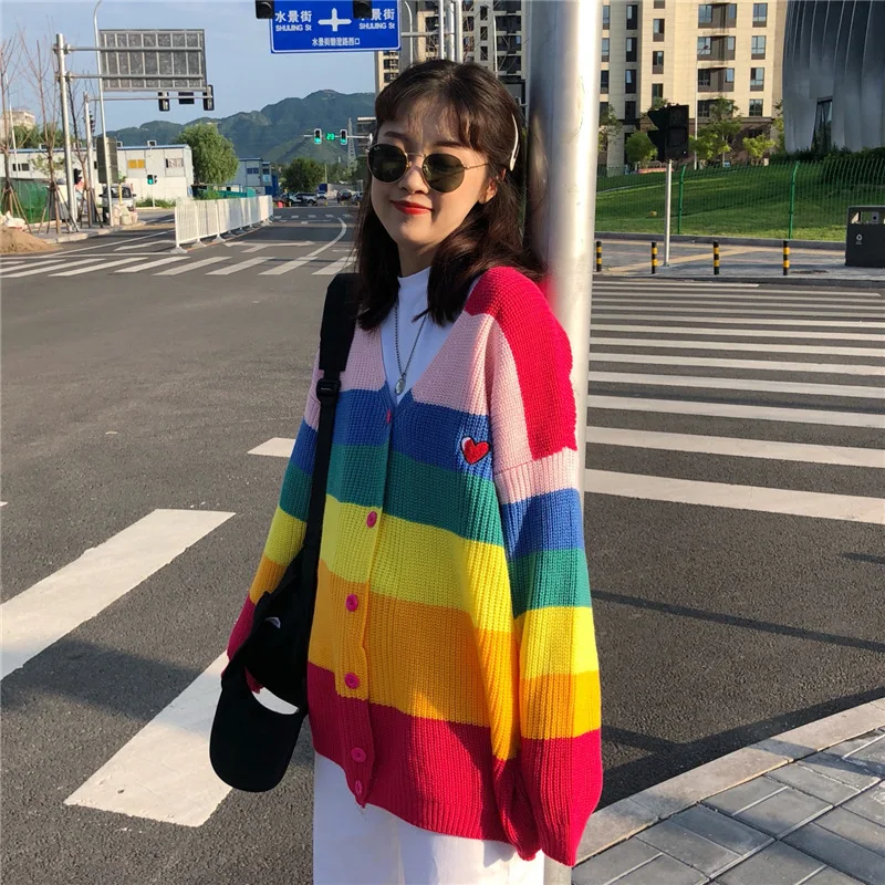 Woherb, осенний кардиган Harajuku, женский полосатый Радужный свитер, пальто, женские свободные свитера, джемпер с вышитыми буквами, кардиганы