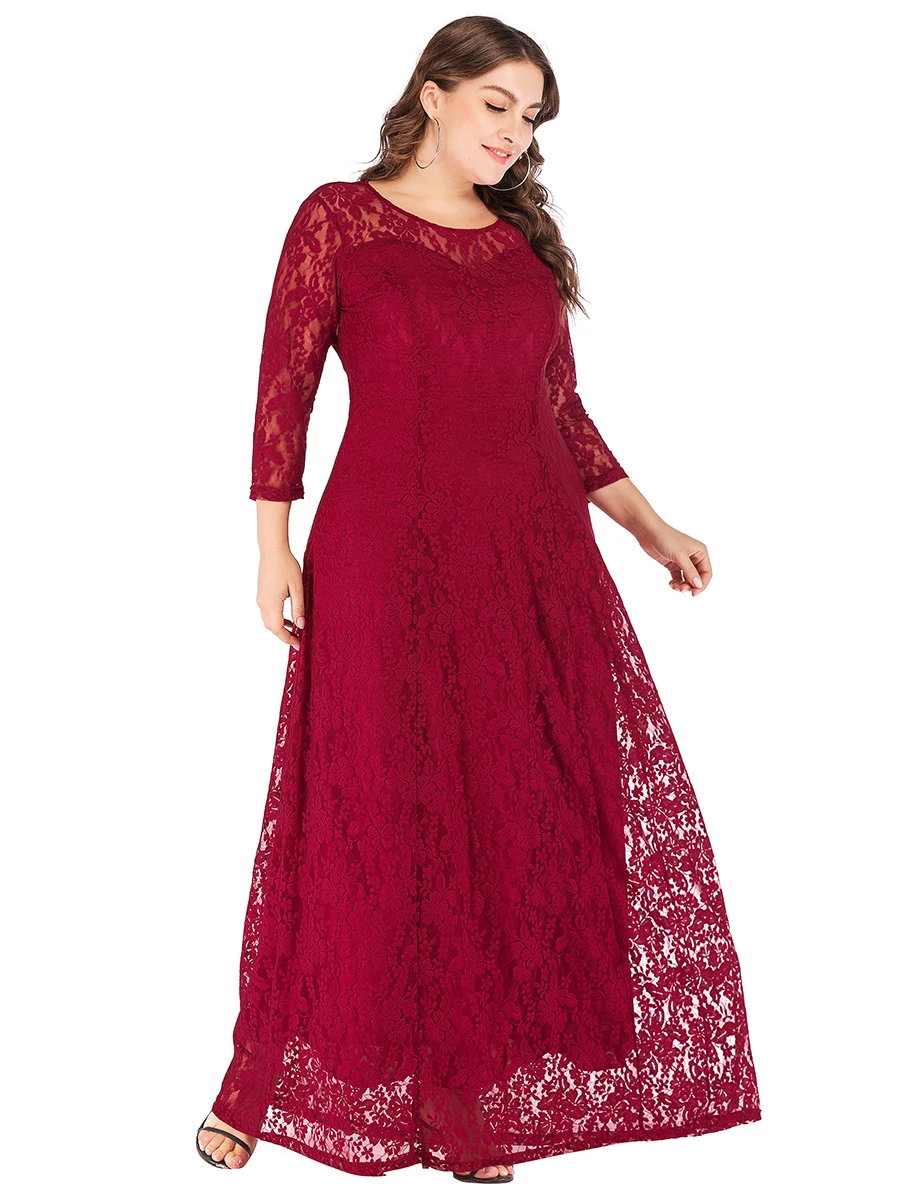 luxury wedding party dresses Women Ladies 4xl 5xl 6xl Plus Size 3/4 Sleeve Lace floral hollow out Long Dress solid color Dresses