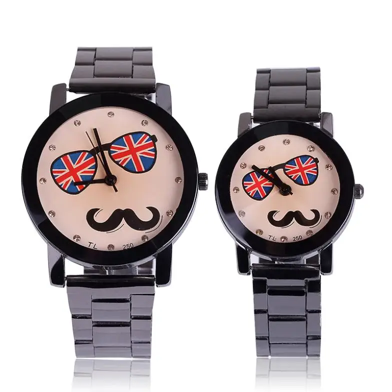 Lovers watch for young man women with uk flag glass beard design crystal diamonds quartz stainless steel wholesale dropship | Наручные