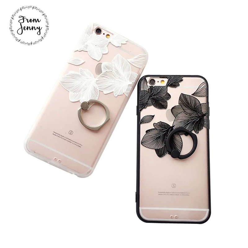 From Jenny Ring Grip Lace Flower Pattern Case For iPhone 6 6s Plus 7 hard Back Cover Cases half rose capa fundas |