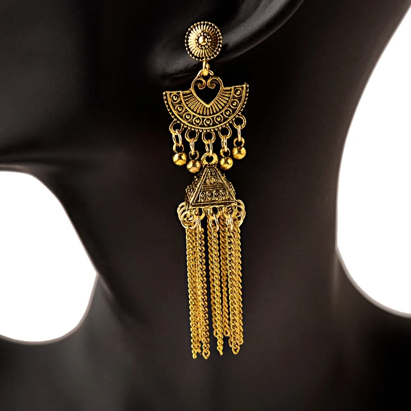 Классические женские Jhumka Jhumki золотые индийские серьги Модные ювелирные изделия богемский Цыганский Длинное украшение с кисточкой Афган Египетский турецкий