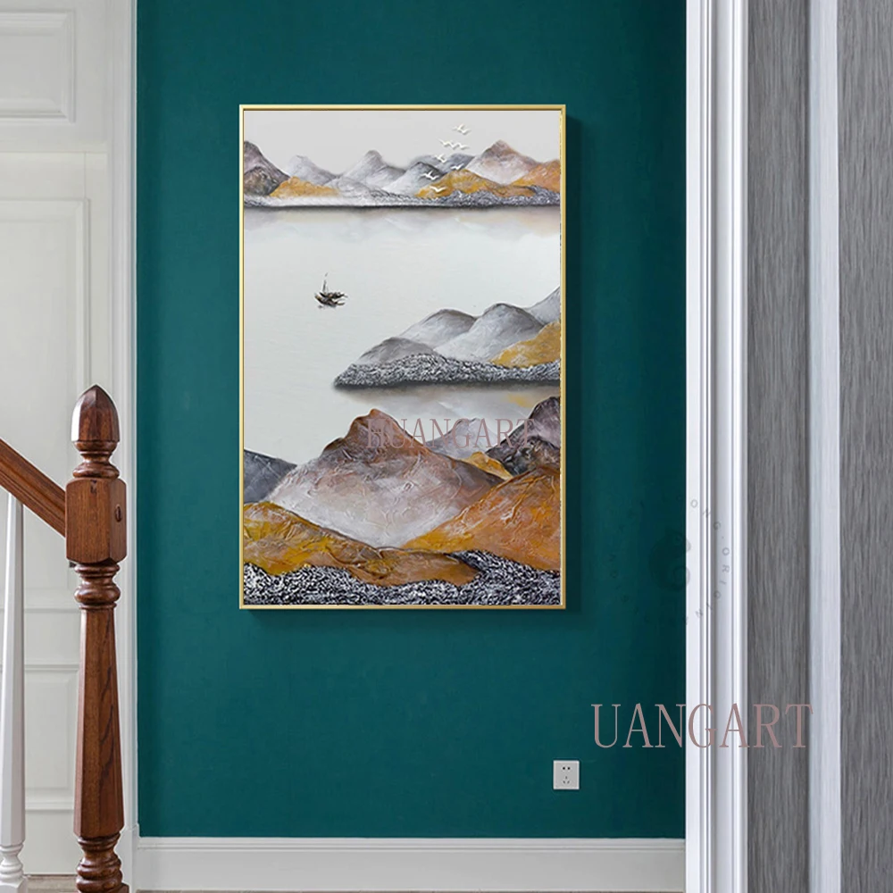 Hand Painted Abstract Gold Yellow Mountain Colourful oil Painting On Canvas Wall Art Adornment Pictures For Living Room | Дом и сад