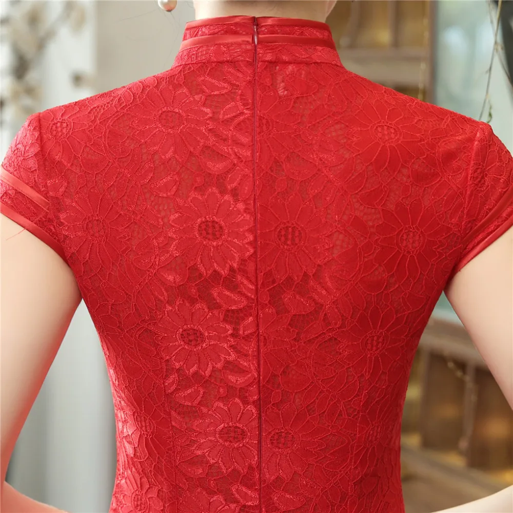 Женское длинное платье Ципао Красное Кружевное Чонсам в китайском стиле|long qipao