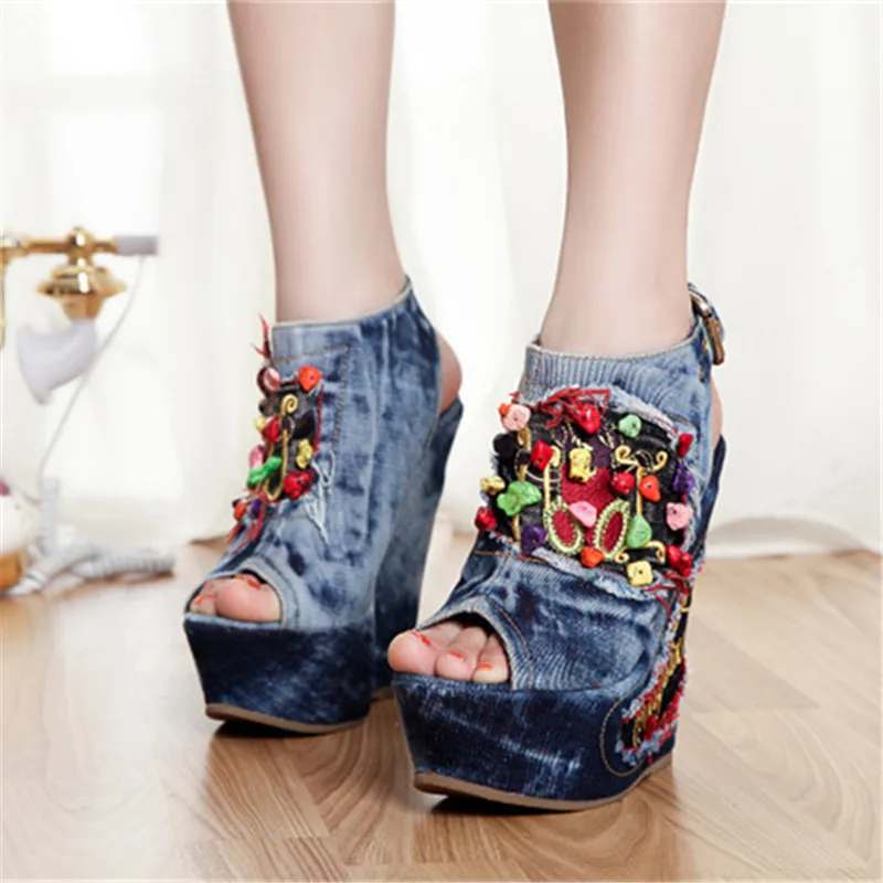 Сандалии женские джинсовые на танкетке 12 см туфли лодочки с открытым носком