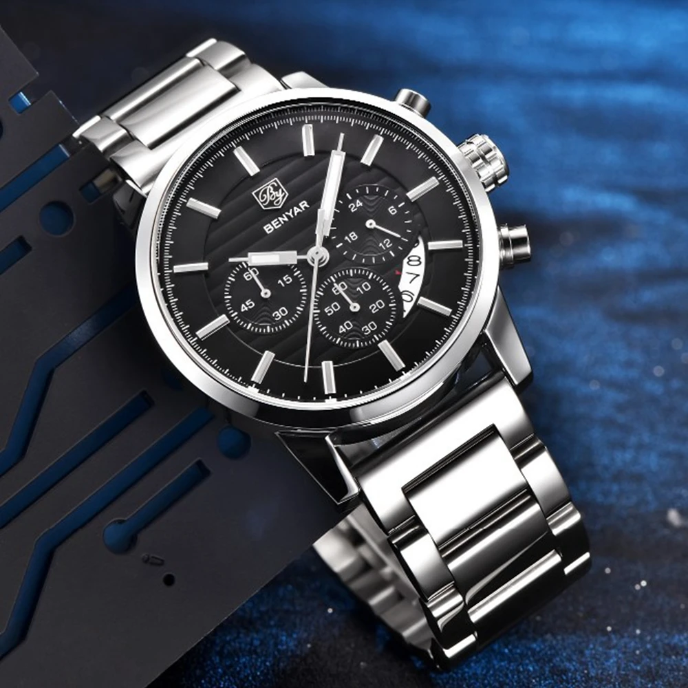 Benyar бренд класса люкс мужские часы Авто Дата хронограф спортивные кварц
