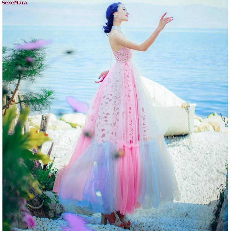 SexeMara fashion The New Backless Sling V collar Lace Splice rainbow Net yarn Holiday Beach dress Free shipping | Женская одежда