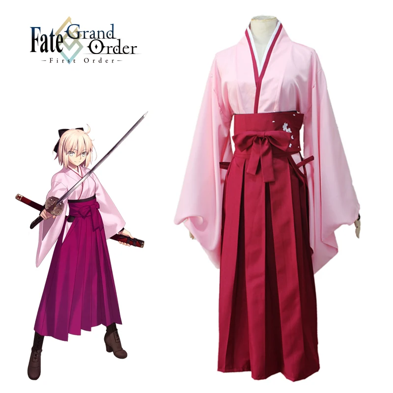 

Sakura Saber Kimono Okita Souji Costume Fate Grand Order FGO Cosplay Japanese Anime Cosplay Red Costume