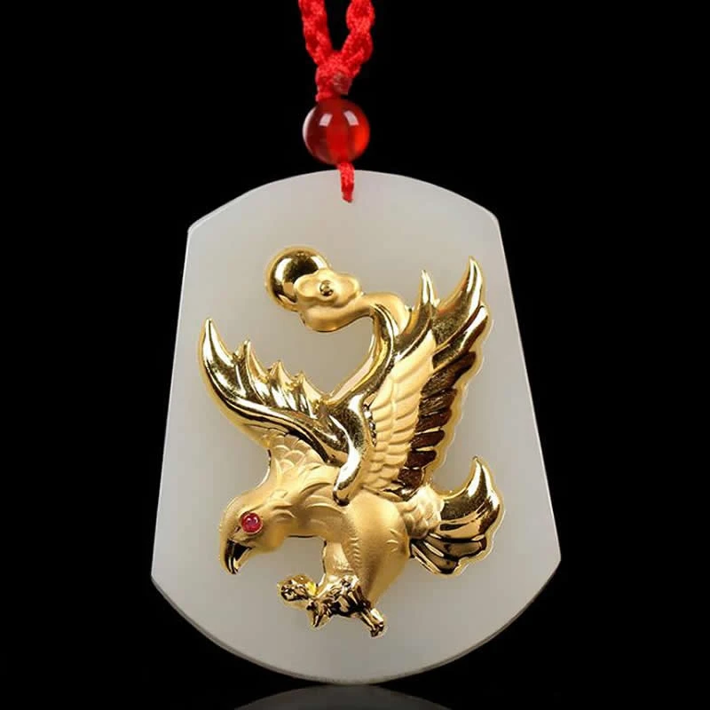 

Solid 999 24K Yellow Gold Eagle Pendant White Jadeite Oval Pendant