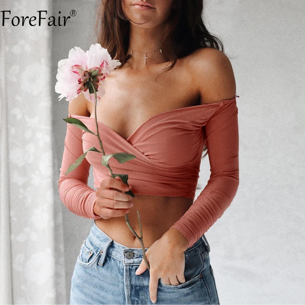 Женский укороченный топ с открытыми плечами ForeFair длинными рукавами на осень