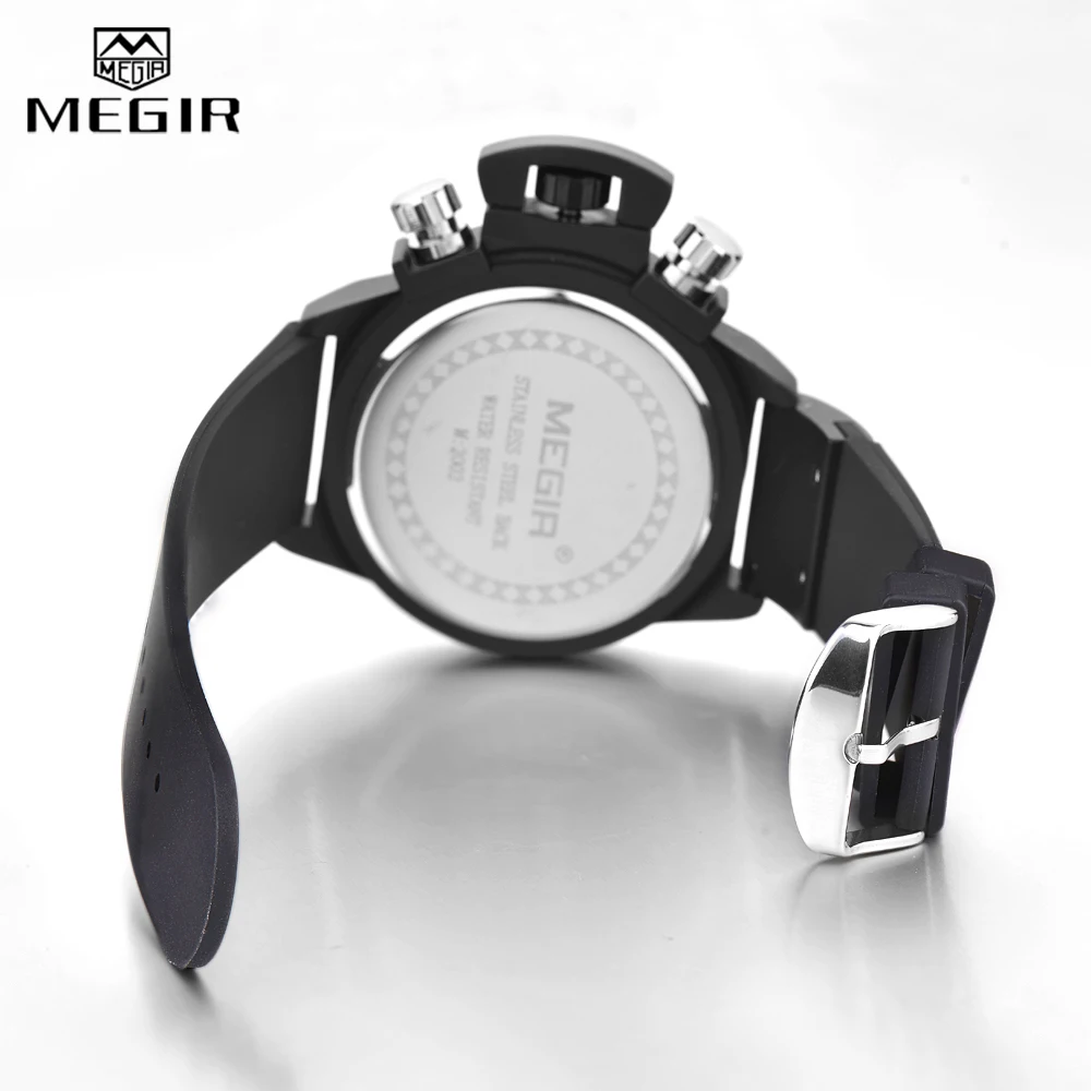 Мужские спортивные кварцевые часы MEGIR с 3D гравировкой и циферблатом, черные силиконовые водонепроницаемые военные часы с хронографом, Reloj Hombre