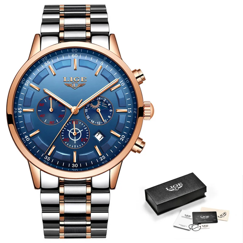 Rose Gold Blue LIGE часы мужские модные спортивные кварцевые мужские s часы лучший бренд класса люкс Moon phase Бизнес водонепроницаемые часы Relogio Masculino - Цвет: Rose Gold Blue