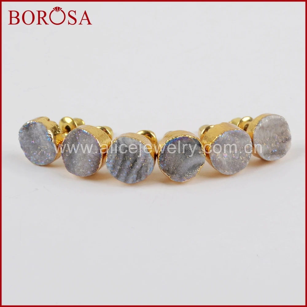 Круглые серьги-гвоздики BOROSA G1379 золотого цвета из титана AB Galaxy Druzy Quartz модные с