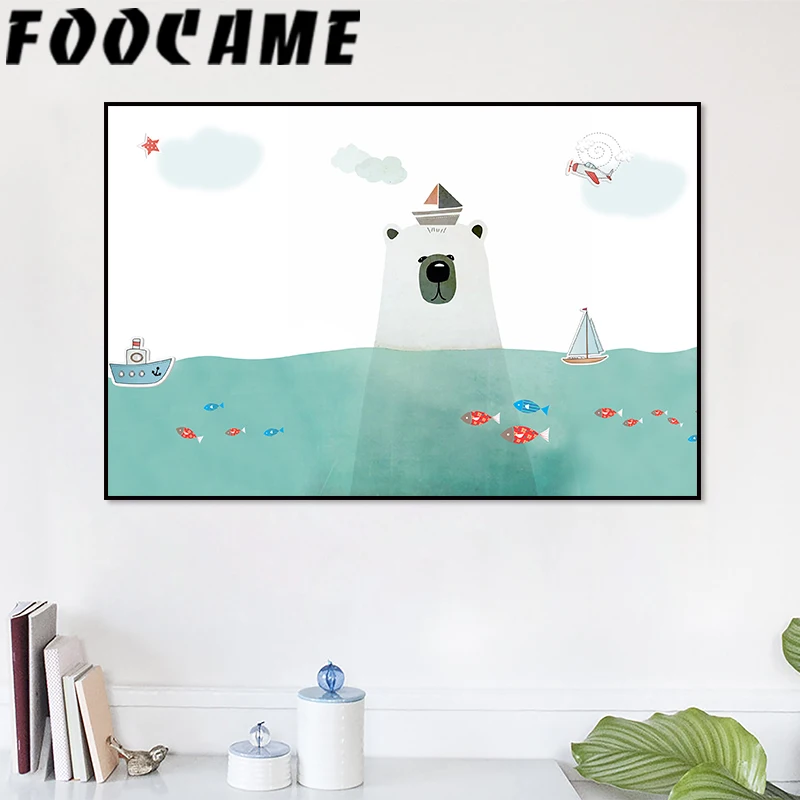 FOOCAME Polar Bear Sea Fish Cartoon Nordic Poster Print Nursery Wall Art Canvas Painting Kids Room Home Decoration Pictures | Дом и сад