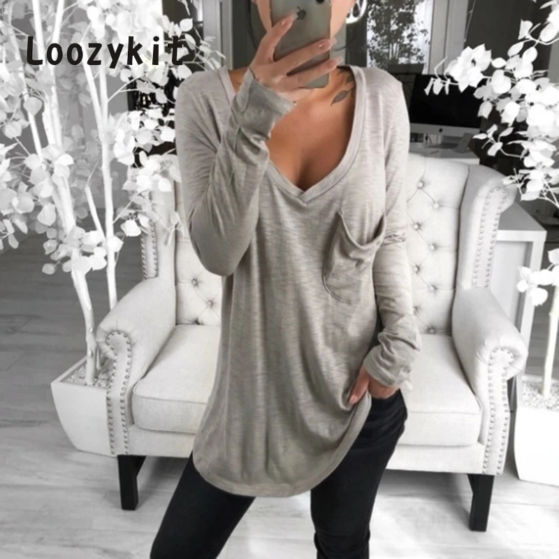 LOOZYKIT, модная Осенняя футболка с длинным рукавом и круглым вырезом, женские футболки с карманом, повседневная женская верхняя одежда