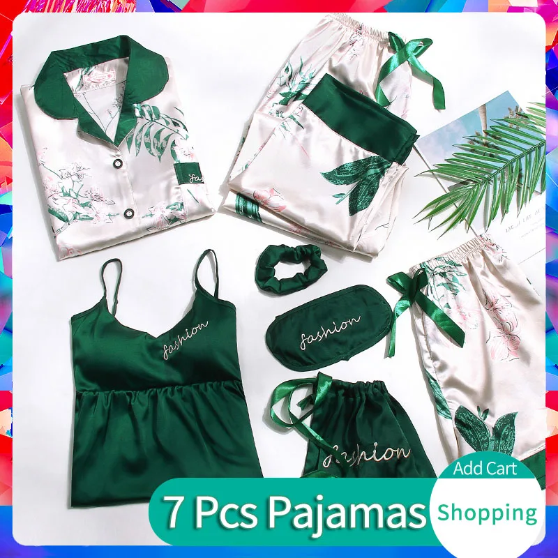Женский пижамный комплект с принтом на весну и лето 7 предметов тонкая стильная