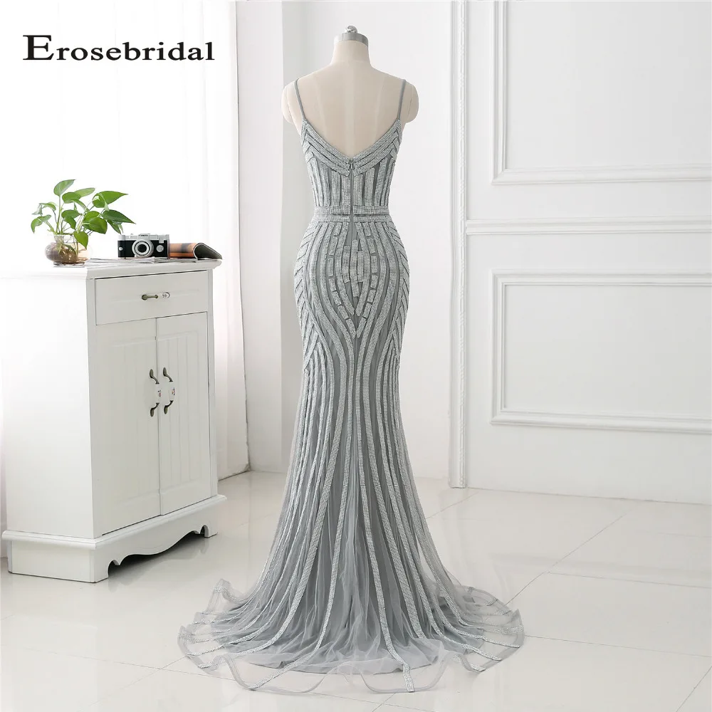 Женское вечернее платье с открытыми плечами Erosebridal серебристое длинное