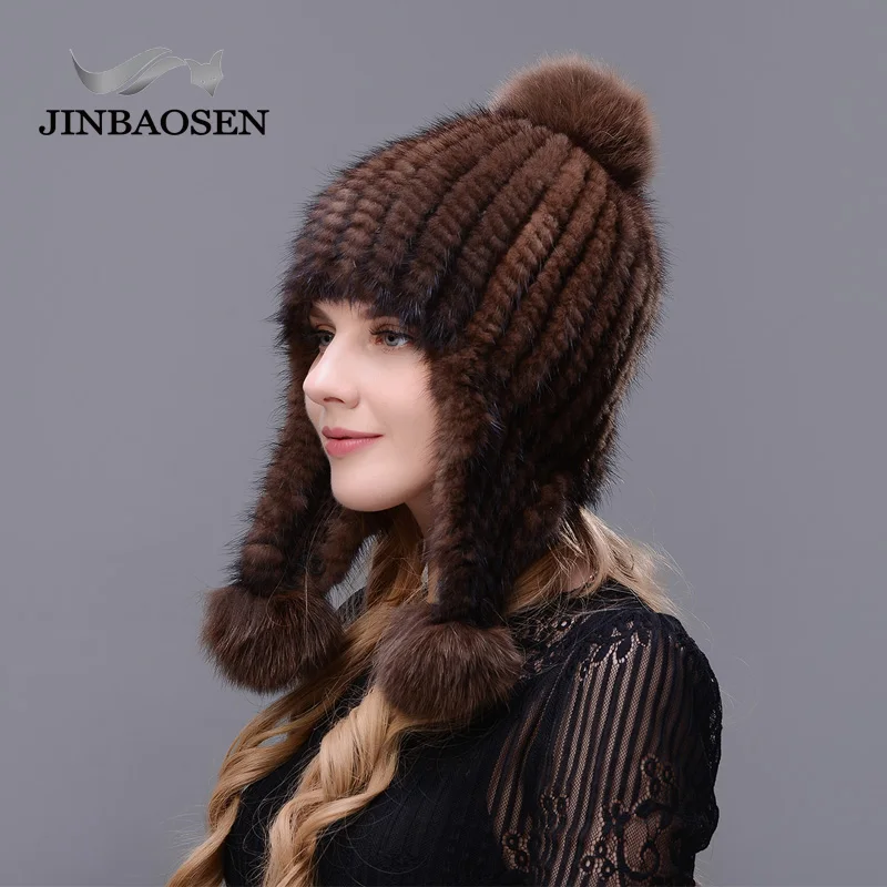 JINBAOSEN натуральная норковая шапка Rex женская зимняя Толстая теплая Модная вязаная