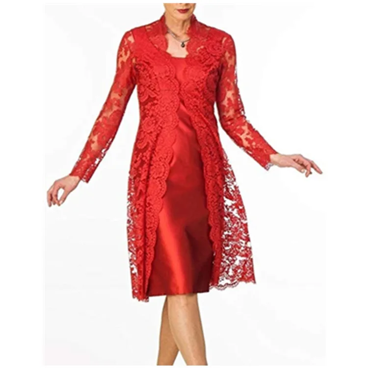 2Pcs Spring Women's Long Sleeve Lace Dress Casual Elegant Ladies Black Red Party Vestido | Женская одежда