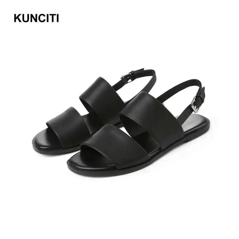 Black KUNCITI/женские сандалии-гладиаторы, богемный стиль из натуральной кожи, женские туфли на плоской подошве в стиле панк, большие размеры 34-43, модные сандалии, X9104 - Цвет: Black