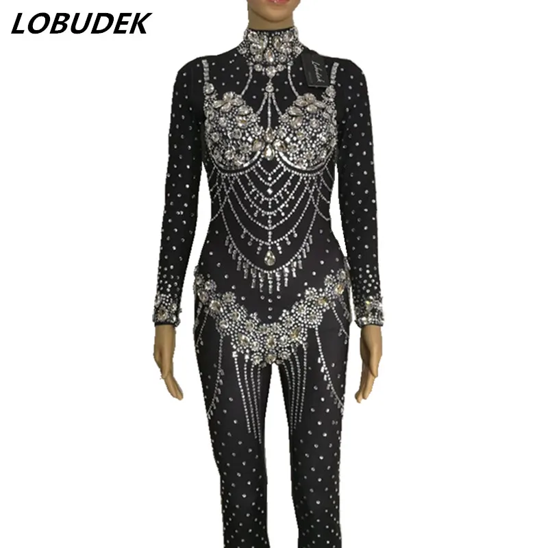 Комбинезон стразы из черного стекла Высокоэластичный трико комбинезон на задней