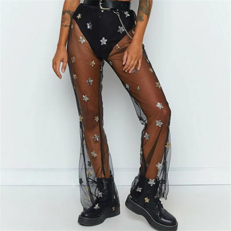 Женские прозрачные сетчатые Брюки с блестками и звездами модные женские пляжные