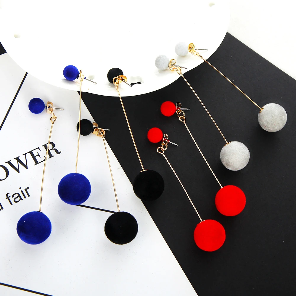 Корейские красные черные синие длинные серьги-кисточки с плюшевым шариком для