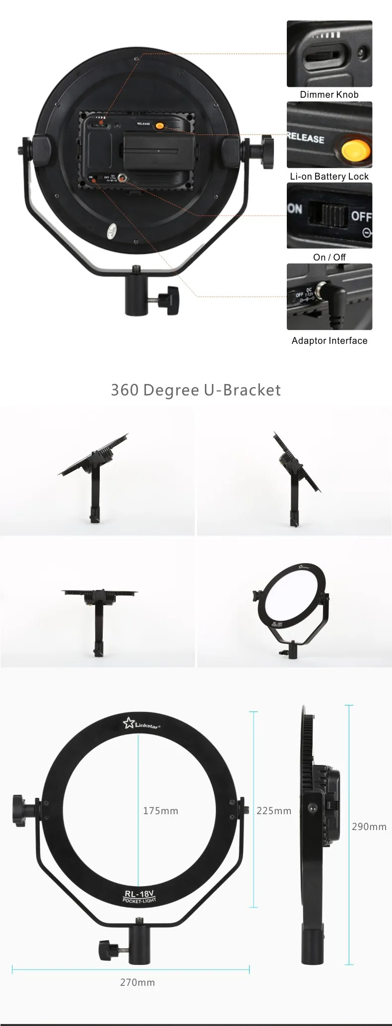 Linkstar 18 Вт 5600 к круглый Ультратонкий Мягкий Дневной светильник светодиодный фото-видео видеосъемка непрерывный портативный карманный светильник с регулируемой яркостью RL-18V