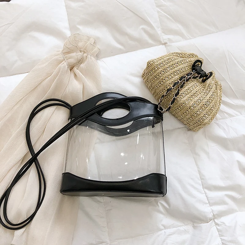 Женская прозрачная Летняя сумка из искусственной кожи + соломенная плетеная