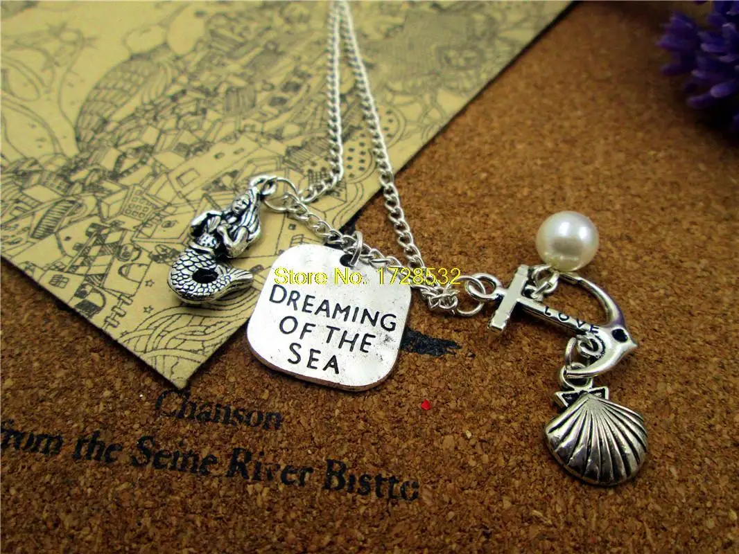 

12pcs/lot Fashion Dreaming of the Sea Necklace little mermaid Necklace antique silver mermaid,seashell ,bead ,anchor Necklace