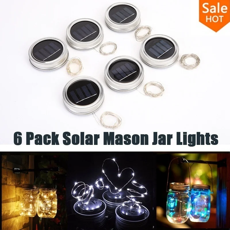 6 упак. к светодио дный светодиодные Фея Света Солнечный Mason Jar крышкой огни Цвет