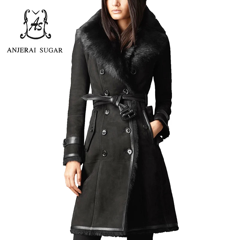 

Women genuine wool Fur coat black real Sheep leather long slim belt winter jacket big fox Fur collar feminino natural fur coats