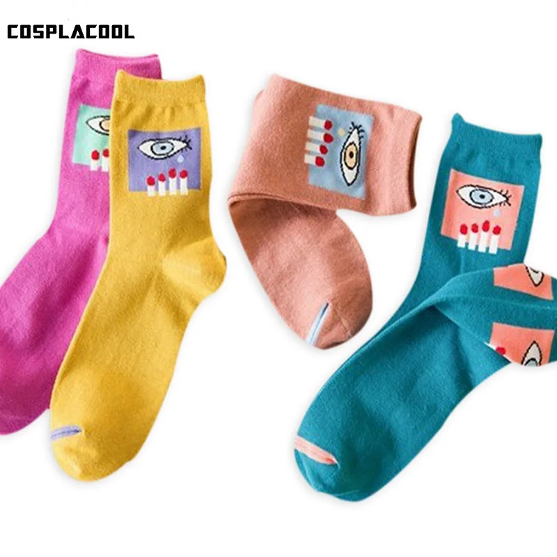 

[COSPLACOOL] New colorful women eyes pattern in tube socks Korean sweet cute meias cartoon female casual funny socks