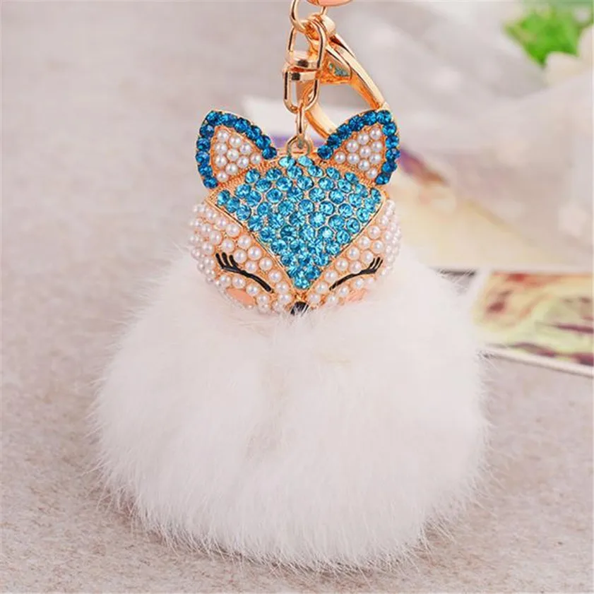 Fur Ball with Artificial Fox Head Inlay Pearl Rhinestone Key Chain New Fashion Car-styling Car key rings | Автомобили и мотоциклы
