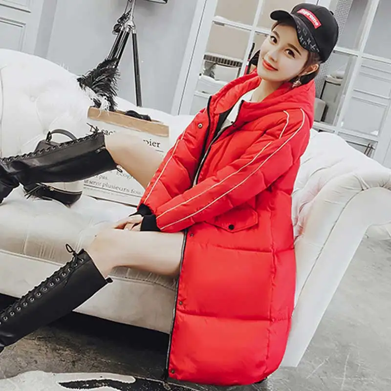 2018 Winter New Fashion Stripes Women Feather Cotton Jacket Plus size Long Thick Hooded Straight Cotton Coat Female Parkas WZ740