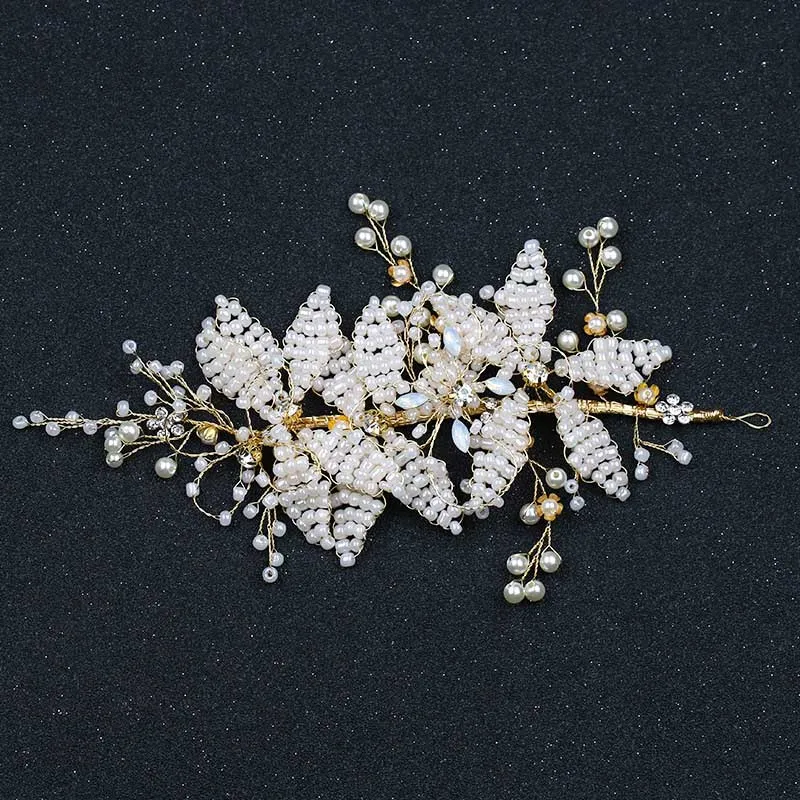 Женский венок из искусственного жемчуга FORSEVEN черно белый с листьями свадебный