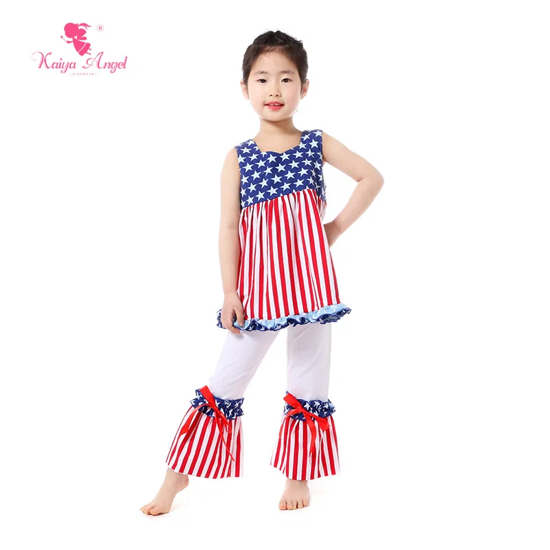 

2018 4th Of July Girls Boutique Outfits Summer Girl Dress Long Pants Suits Waist Strap Ribbon Decor Toddler Girl Clothing Set