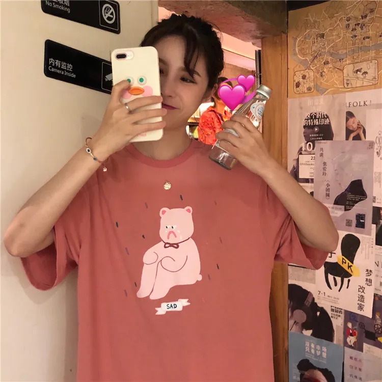 Женские футболки Kawaii, трендовые, элегантные, подходят ко всему, высокое качество, корейский стиль, свободные, милые, для досуга, на каждый день, женские, милые, простые
