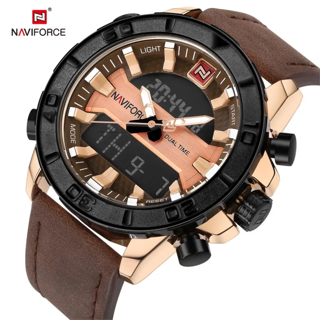 NAVIFORCE мужские часы кожаные спортивные кварцевые светодиодный цифровые