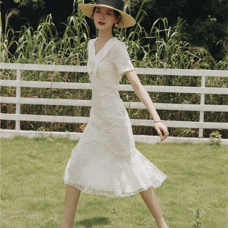 SWEETXUE Vintage Fishtail Dress New Summer Slim Short-Sleeved Three-Dimensional Flower Decoration Fairy Lace Midi Party Dresses | Женская