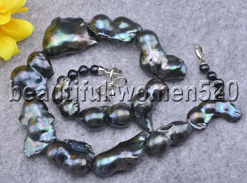 

Z8234 35mm Peacock-Black Baroque Keshi Reborn Pearl Necklace 20inch