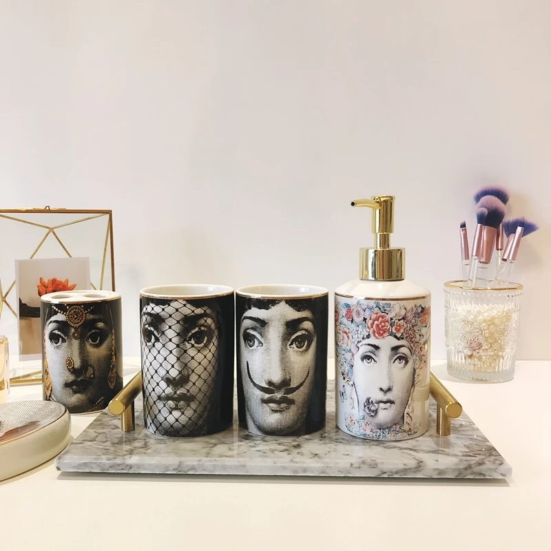 Милан Стиль Fornasetti Зубная щётка стаканы мыльница Ванна бутылка шампуня Благородный Золотой Край Ванная комната поставки бар отеля Применение