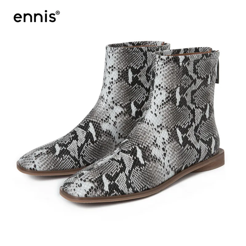 ENNIS/; женские ботинки из змеиной кожи; сезон осень-зима; ботильоны из натуральной кожи; женские ботинки на плоской подошве с квадратным носком; повседневная обувь черного цвета; Новинка; A993