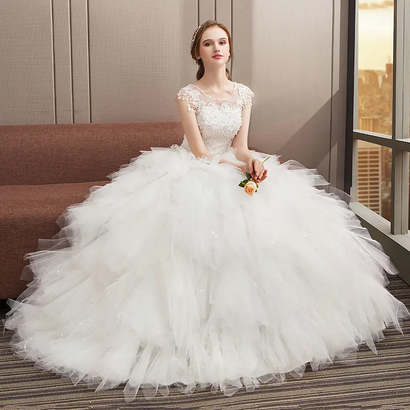 Свадебные платья Tutu с круглым вырезом Свадебное платье с аппликацией богемное длинное кружевное платье Vestido De Noiva белое свадебное платье с длинным рукавом