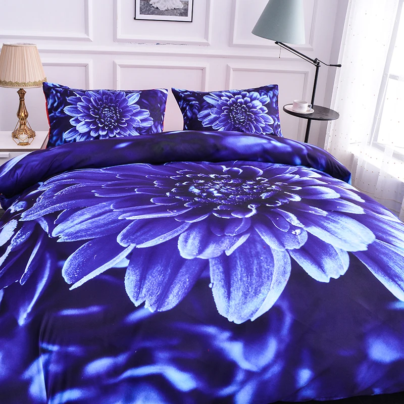 Комплект постельного белья с 3D принтом синие цветы пододеяльник наволочка