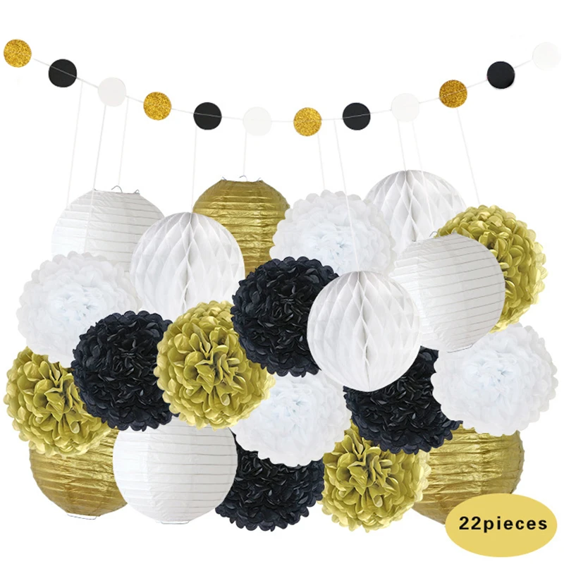 22шт./набор 8" (20см) Белые Золотые Китайские Бумажные Фонарики, Бумажные Помпоны, Цветочные Мячи, Гирлянда из Нитей, вышивка для свадебного декора.