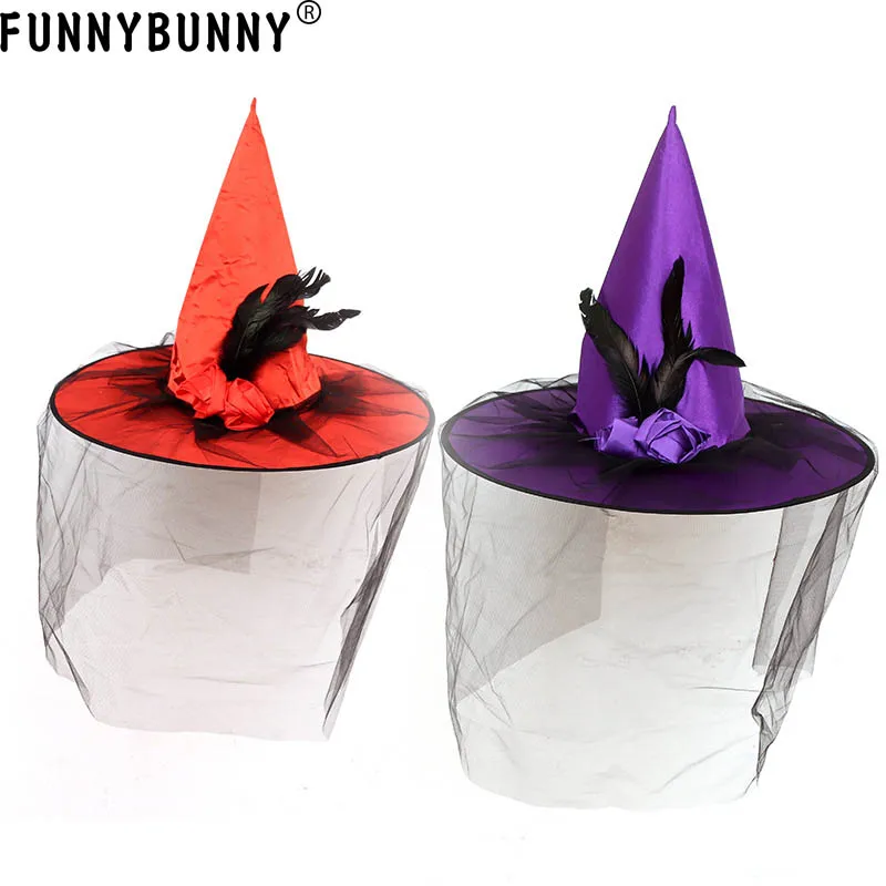 FUNNYBUNNY высокий шляпа ведьмы с перьями вуаль дамы Хэллоуин нарядное платье