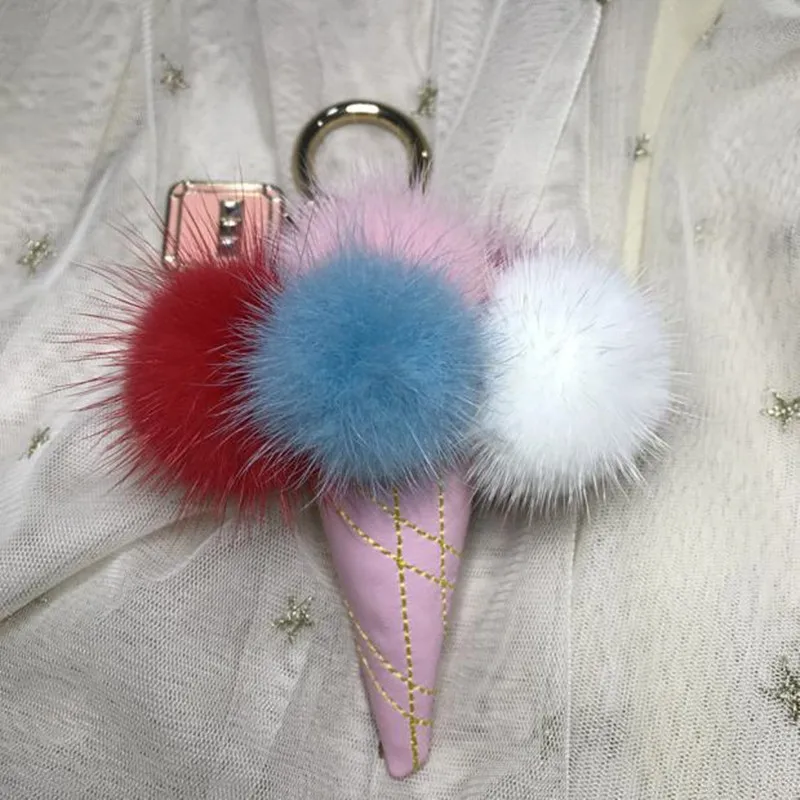 Меховой помпон брелок пушистый мех норки Спанч Боб очаровательный кожаный