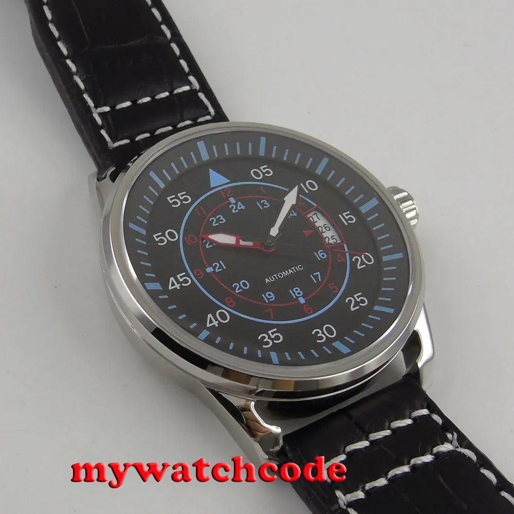 Мужские часы с автоматическим движением 44 мм черный циферблат синие отметки дата