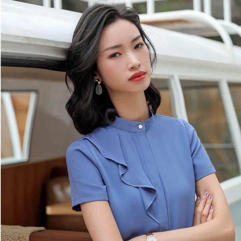 Блузка женская шифоновая в деловом стиле элегантная голубая рубашка для работы