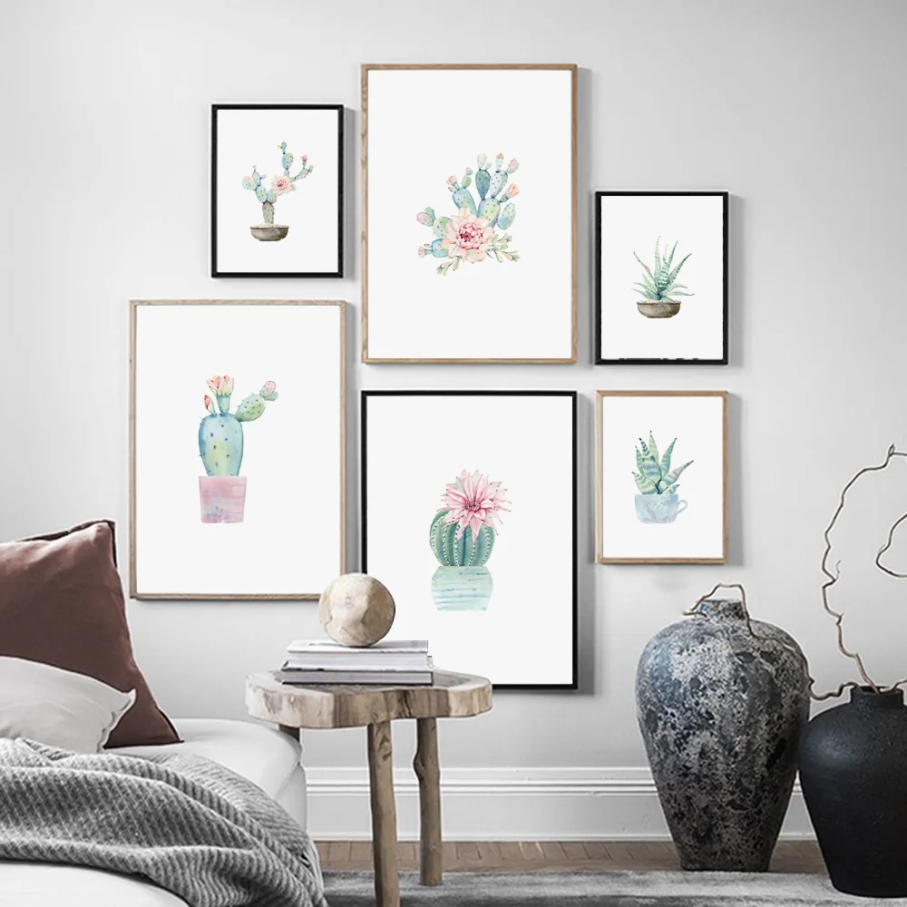 

Watercolor Green Plant Flowers Cactus Nordic Posters and Prints Wall Art Canvas Painting Wall Pictures for Living Room Decor